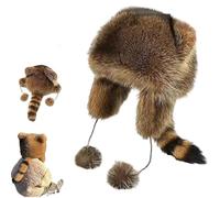 Raccoon Hat with Tail, Winter Cute Raccoon Plush Hats,Racoon Tail Hat, Soft, Warm, Adjustable Size for Cold Weather (M)