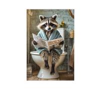 Raccoon in A Bathrobe on The Toilet, Ai Generated, Toilet Animals, Raccoon, Newspaper, Animal Portrait, Digiart, Poster, Funny Animal Portrait-1