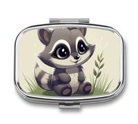 Raccoon in Grass Pill Box - 2 Compartment Square Container - Portable Pocket Pill Organizer or Pill Organizer to Hold Vitamins, Medicine, Fish Oil etc