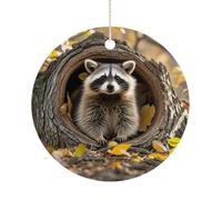 Raccoon in The Fall Tree Hole Ceramic Ornaments with Hanger Round Porcelain Ornaments Personalized Xmas Tree Keepsake Crafts Gift for Christmas and Thanksgiving Decoration