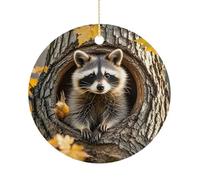 Raccoon in The Fall Tree Hole Ceramic Ornaments with Hanger Round Porcelain Ornaments Personalized Xmas Tree Keepsake Crafts Gift for Christmas and Thanksgiving Decoration