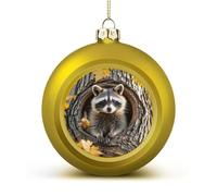 Raccoon in The Fall Tree Hole Christmas Ball Ornament - 2.4 Inch Shatterproof Plastic Xmas Tree Decorations, Golden Christmas Tree Decor Hanging Ball for Holiday Wedding Party Decor