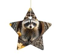 Raccoon in The Fall Tree Hole Christmas Ornaments with Rope Creative Xmas Tree Hanging Decorations Personalized Star Ceramic Hanging Disc Ornaments for Home Holiday Party Supplies