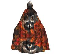 Raccoon in The Fall Tree Hole Halloween Adult Hooded Cloak Long Costume Cape with Ribbon Tie, Full Print Cosplay Robe for Party & Masquerade