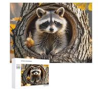 Raccoon in The Fall Tree Hole Jigsaw Puzzle 500 PCS Challenging Fun Puzzles Wooden Jigsaw Puzzles for Adults Families
