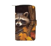 Raccoon in The Fall Tree Hole Leather Long Wallet 12 Card Slot Travel Long Purse Clutch Wallet with Zip Credit Card Holder