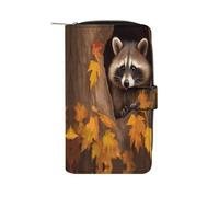 Raccoon in The Fall Tree Hole Leather Long Wallet Adult Travel Zipper Long Purse Multi-functional Credit Card Holder 12 Card Slot
