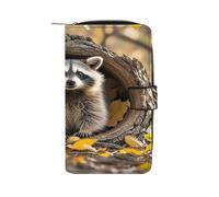Raccoon in The Fall Tree Hole Leather Wallet Long Checkbook Wallets Classic Bifold Ladies Clutch with ID Window