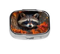 Raccoon in The Fall Tree Hole Mini Pill Box Metal Travel Medicine Organizer with 2 Compartments Pocket-Sized Pill Container