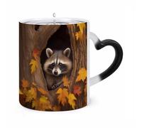 Raccoon in The Fall Tree Hole Mugs Heat Sensitive Color Changing Cup Heart Handle Ceramic Coffee Mugs Morphing Mug Funny Magic Mug Fashion Tea Cup Novelty Coffee Cups for Gift