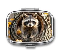 Raccoon in The Fall Tree Hole Pill Box - 2 Compartment Travel Pill Organizer with Small Mirror, Portable Pillcase for Pocket & Purse, Cute Square Medicine Case, Weekly Medicine Container