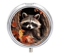 Raccoon in The Fall Tree Hole Pill Box 3 Compartment Round Small Pill Box for Pocket Purse Metal Travel Pill Case Portable Daily Pill Organizer Cute Compact Medicine Organizer Mini Pill Container