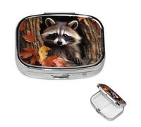Raccoon in The Fall Tree Hole Pill Case with Mirror Retro 2 Compartment Pill Box Small Pill Organizer for Purse or Pocket Decorative Metal Medicine Vitamin Organizer Unique Gifts