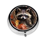 Raccoon in The Fall Tree Hole Pill Case with Mirror Retro 3 Compartment Pill Box Small Pill Organizer for Purse or Pocket Decorative Metal Medicine Vitamin Organizer Unique Gifts