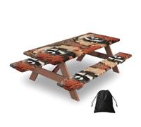 Raccoon In The Fall Tree Hole Print Waterproof Picnic Table Cover With Bench Cover Set Of 3 Elastic Edge Durable Outdoor Tablecloth