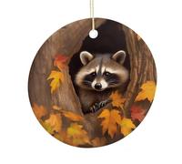 Raccoon in The Fall Tree Hole Round Ceramic Pendant Hanging Festival Ornament, Personalized Double Sided Ceramic Home Decor, Lightweight Durable Hanging Ornament Gift for Home, Party, Women Men
