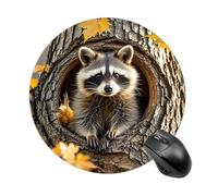 Raccoon in The Fall Tree Hole Round Mouse Pad Cute Small Computer Mouse Mat Non-Slip Rubber Base Gaming Mousepad for Wireless Mouse, Gaming, Office, Laptop, Women, Men