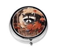 Raccoon in The Fall Tree Hole This Small, Round, Three-Compartment Travel Pill Box is Perfect for Storing Daily medications, Vitamins, and on-The-go.