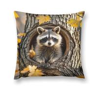 Raccoon in The Fall Tree Hole Throw Pillow Cover 16 "x16 ", Cute Cushion Cover Decorative Pillow Case with Invisible Zipper - Plush Farmhouse Fall Decor Pillowcase for Couch, Sofa, Bedroom - Holiday G