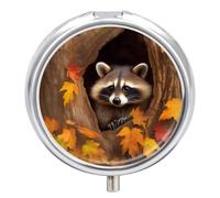 Raccoon in Tree Hole Pill Box 3 Compartment Waterproof Pill Case with Mirror Portable for Purse Pocket Daily Medicine Vitamin Organizer Travel Med Container Holder for Fish Oil Supplements