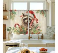 Raccoon Kitchen Curtains, Christmas Fanciful Candy Cane Holly Xmas Red Cafe Curtain Panels with Rod Pocket Window Decoration for Dining Room Breakfast Nook Sink Area 26x36 Inch