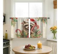 Raccoon Kitchen Curtains, Christmas Fanciful Candy Cane Holly Xmas Red Cafe Curtain Panels with Rod Pocket for Small Rv Sink Area Narrow Window 26x30 Inch