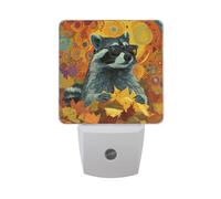Raccoon Maple Leaves Fall Night Light Dusk to Dawn Sensor LED Night Dimmable Nightlight Lights Plug into Wall for Bedroom