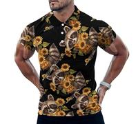 Raccoon Mom Sunflowers Mens Polo Shirts Short Sleeve Golf Shirt Casual T-Shirt Top for Work Athletic 5XL