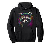 Raccoon Music Headphones Colourful Animal Motif Art Raccoon Pullover Hoodie