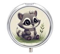 Raccoon on The Grass Pill Box,3 Compartments Round Small Pills Case Moisture-Proof Portable Pill Container for Travel Vitamins Fish Oil Supplements