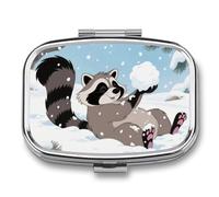 Raccoon Pill Box - 2 Compartment Travel Pill Organizer with Small Mirror, Portable Pillcase for Pocket & Purse, Cute Square Medicine Case, Weekly Medicine Container