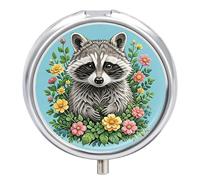 Raccoon Pill Box 3 Compartment Metal Round Pill Case Travel Pill Organizer Small Portable Medicine Vitamin Container for Purse and Pocket to Hold Vitamins Supplements