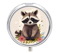 Raccoon Pill Box 3 Compartment Portable Travel Pill Case with Mirror Round Metal Medicines Storage Container Pocket Medicine Box to Hold Vitamins Fish Oil