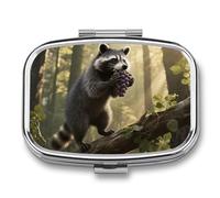 Raccoon Pill Box Elegant Metal Pill Case with 2 Compartments, Slim Portable Medicine Organizer for Purse, Pocket, Travel