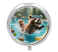 Raccoon Pool Pill Case with Retro Mirror 3 Compartments Pill Organizer Small Round Metal Pill Organizer for Fish Oil Pills or Vitamins, Oil Supplements