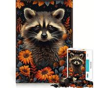 Raccoon Portrait Flowers Jigsaw Puzzle for Adults 1000 Pieces Mind Puzzle Calm Pastime Image Assembly Lovely Present (38x52cm)