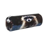 Raccoon Printed Leather Pencil Case Cute Stationery Organizer Round Makeup Bag Pen Pouch, Silver Zipper