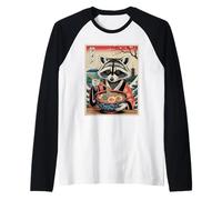 Raccoon Ramen Kimono Woodblock Print Japanese Noodles Raglan Baseball Tee