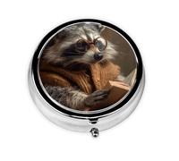 (Raccoon) Round Pill Box with 3 Compartments Small Portable Pill Organizer for Travel