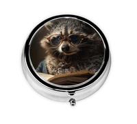 (Raccoon) Round Pill Box with 3 Compartments Small Portable Pill Organizer for Travel