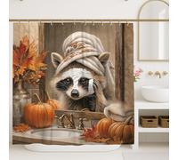 Raccoon Shower Curtain, Rustic Autumn Orange Brown Leaves Bathroom Decor, Fall Seasonal Cute Animal Waterproof Fabric Shower Curtain with Hooks 72x78 Inch