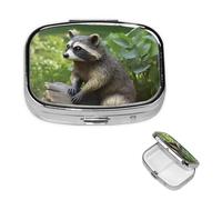 Raccoon Statue Pill Box 2 Compartment Square Portable Pill Case for Pocket or Purse Pill Holder Weekly Pill Organizer Decorative Metal Medicine Vitamin Organizer Travel Gift