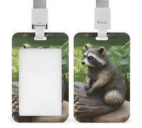 Raccoon Statue Sliding ID Badge Holder ID Card Holder with Lanyard Card Case Name Tag