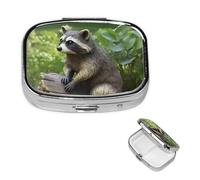 Raccoon Statue Square Metal Pill Box 2 Compartment Cute Travel Pill Organizer Case Portable Medicine Vitamin Organizer Pill Case for Women Men Travel Unique Gift