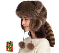 Raccoon Tail Mood Hat, Racoon Hat with Tail, Retro Y2K Detachable Fluffy Earmuffs, Unisex Faux Fur Winter Earflap Hats (Adult)