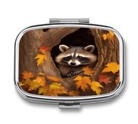 Raccoon Tree Hole Pill Organizer in Fall Small Pill Box with Two Compartments Metal Medicine Organizer Portable Medicine Holder