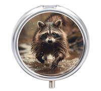 Raccoon Walking in Water Pill Box-3 Compartment Small Pill Case Travel Pill Box for Purse & Pocket Portable Daily Pill Organizer to Hold Supplements Vitamins