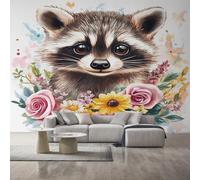 Raccoon Wallpaper for Living Room, Cute Flower Animal Wall Mural for Bedroom, Non-Woven Photo Wallpaper Home Decor 400X280cm, Wall Decoration D25