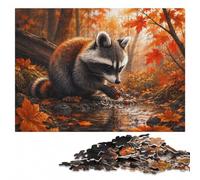 Raccoon Washing Food in Autumnal Setting Jigsaw Puzzle, 1000 Pieces | Colour and shape sorting: steady puzzle progress in spare time.