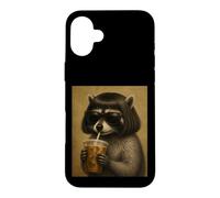 Raccoon With Bob Haircut Drinking Iced Coffee Trash Panda Case for iPhone 16 Plus